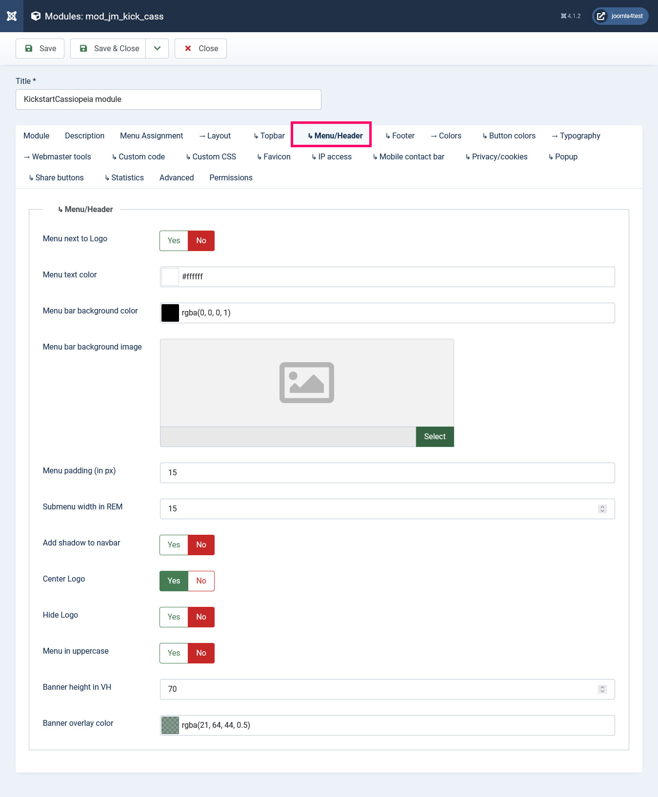 تنظیمات منو در ماژول کیک استارت